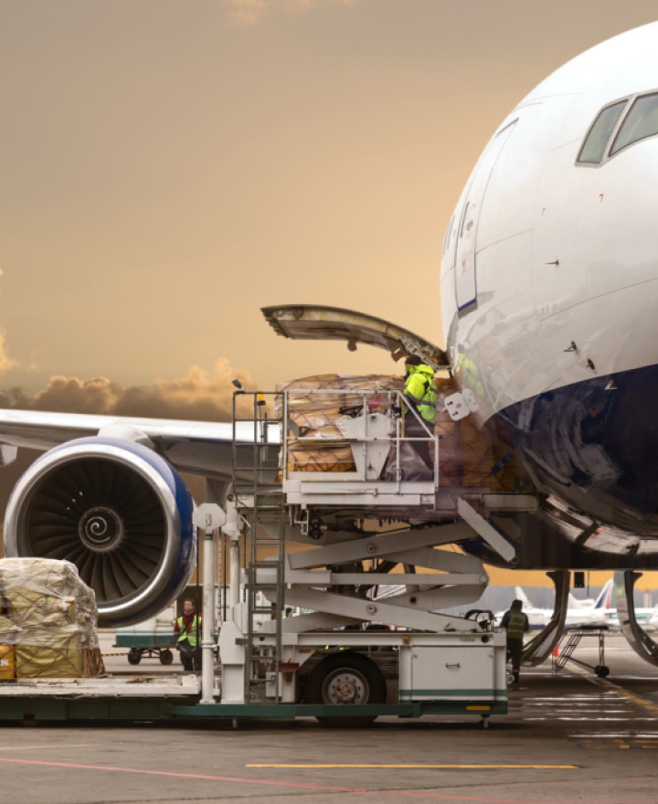 Global air freight with a cargo airplane in the sky